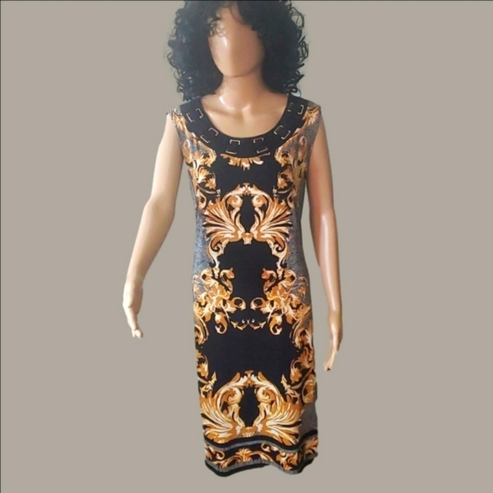 JM Collection Black and Gold Plume Dress